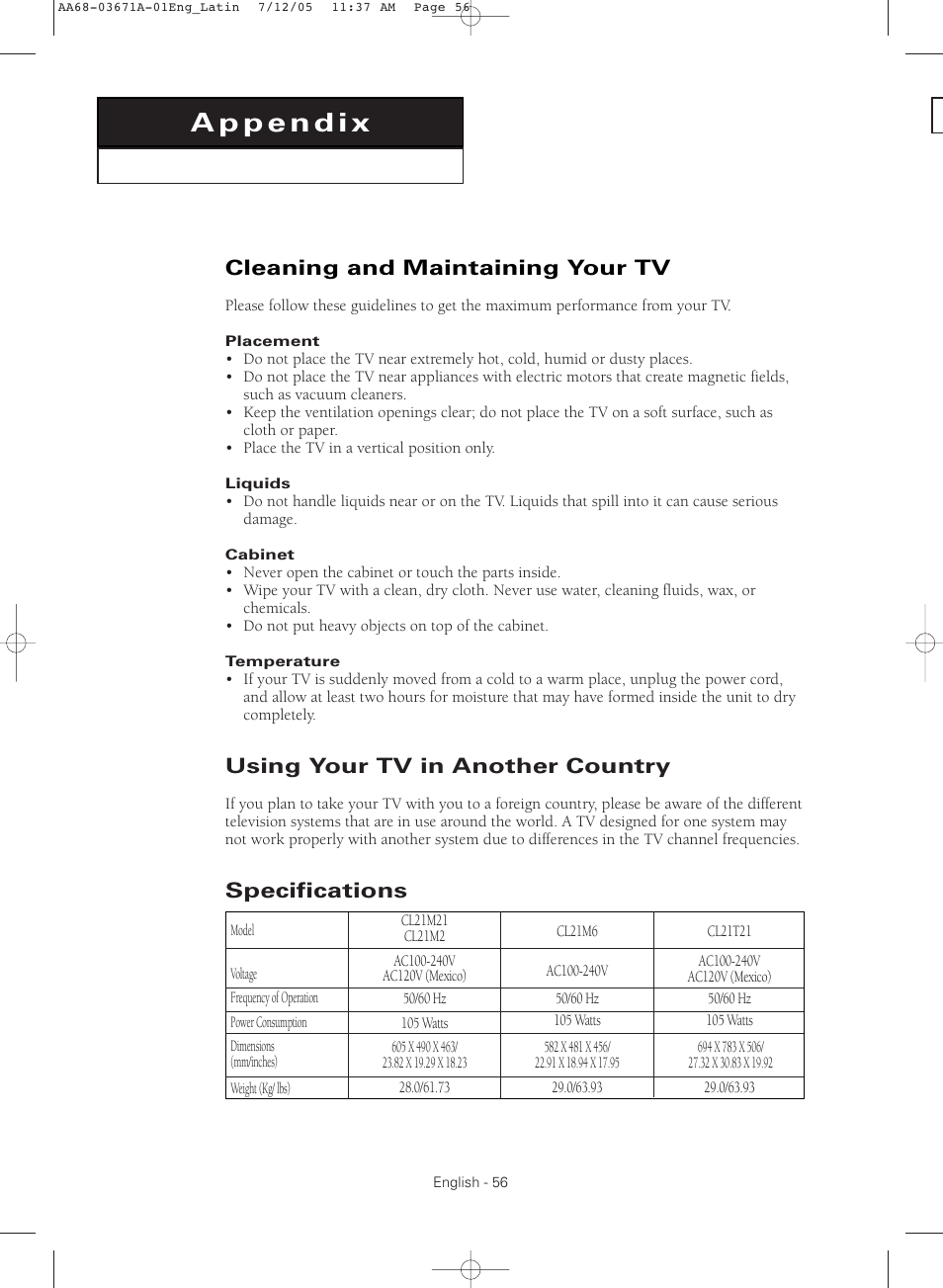 Appendix, Cleaning and maintaining your tv, Using your tv in another country | Specifications | Samsung CL21M2 User Manual | Page 56 / 60