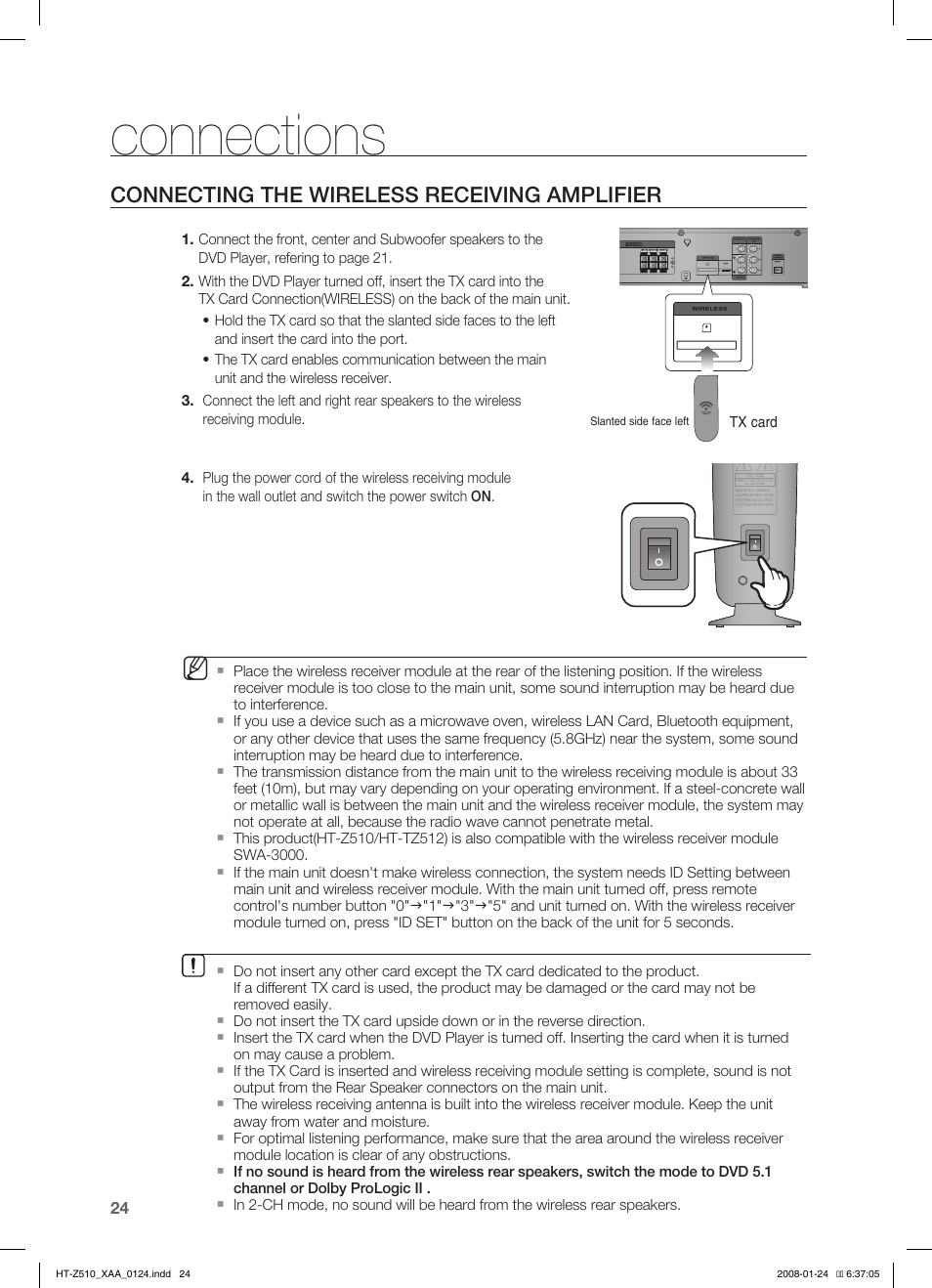 Connections, Connecting the wireless receiving amplifier | Samsung HT-Z510 User Manual | Page 26 / 79