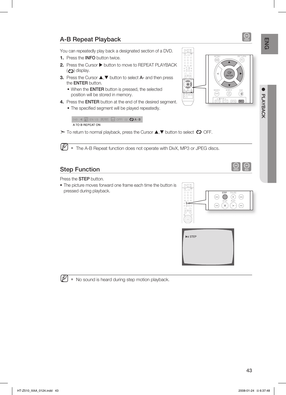 A-b repeat playback, Step function | Samsung HT-Z510 User Manual | Page 45 / 79