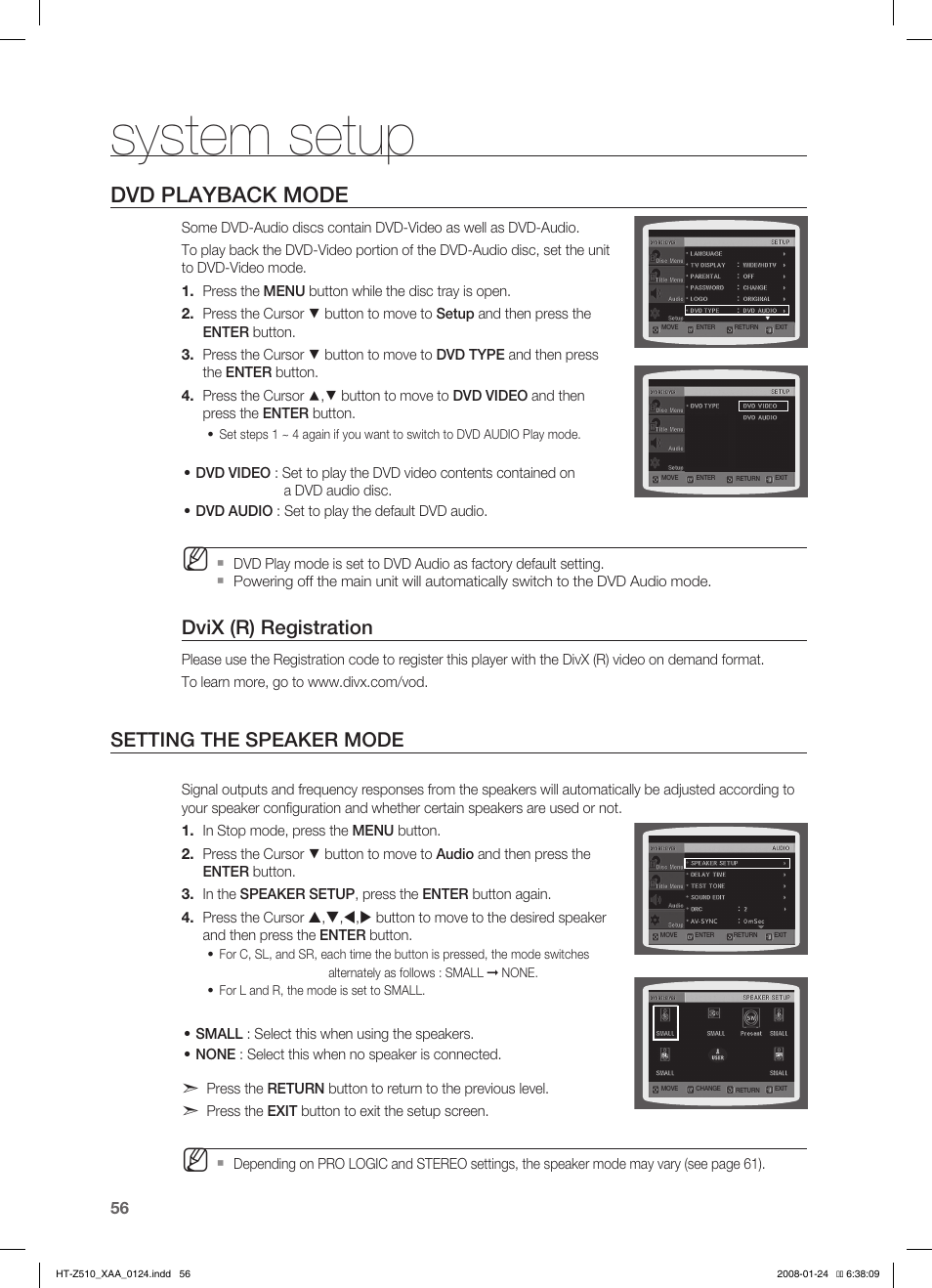 System setup, Dvd playback mode, Dvix (r) registration | Setting the speaker mode | Samsung HT-Z510 User Manual | Page 58 / 79