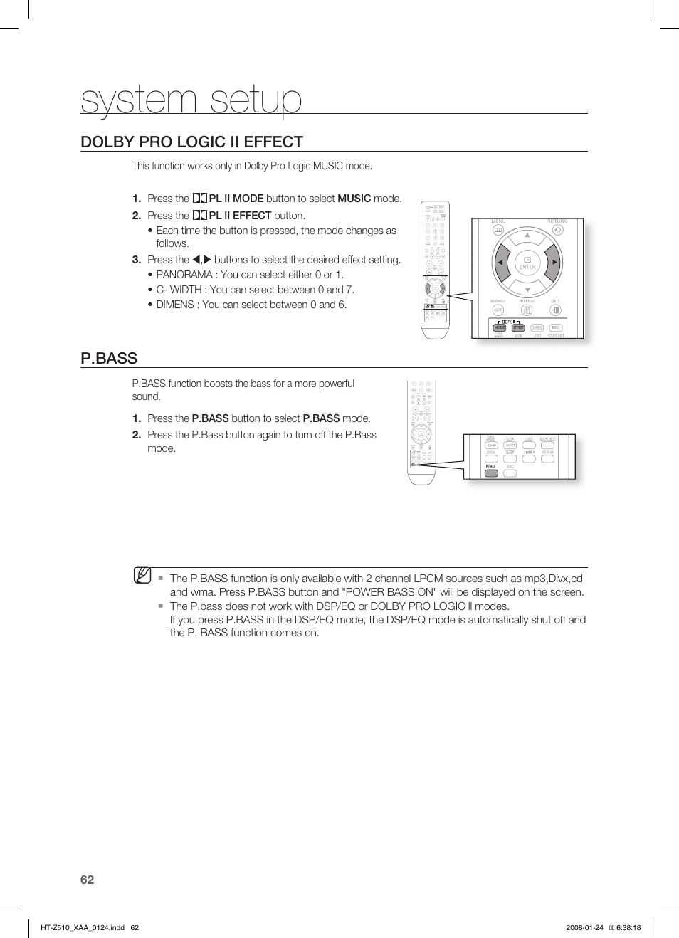 Radio, System setup, Dolby pro logic ii effect | P.bass | Samsung HT-Z510 User Manual | Page 64 / 79