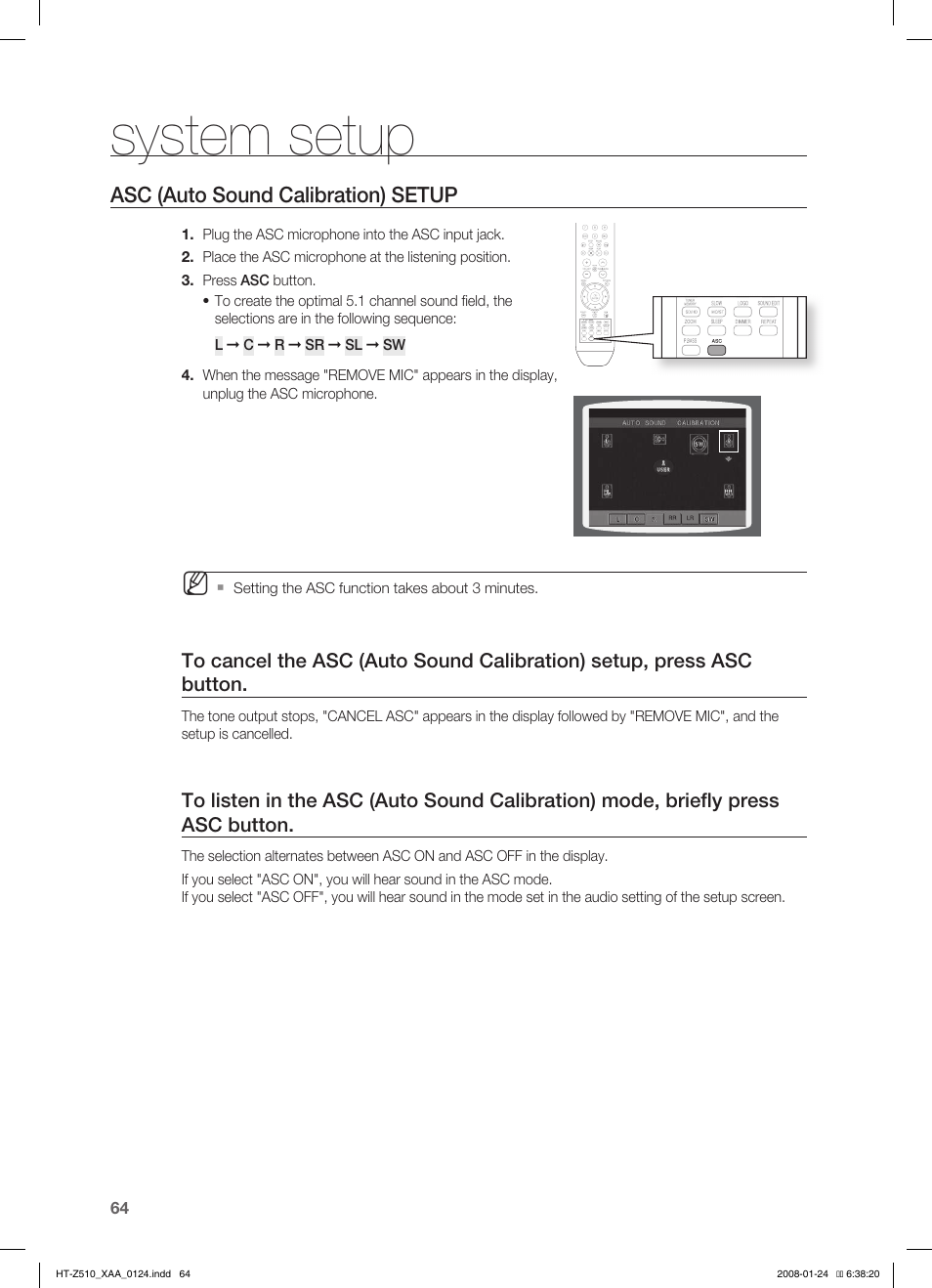 System setup, Asc (auto sound calibration) setup | Samsung HT-Z510 User Manual | Page 66 / 79