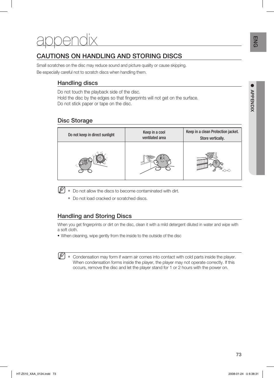 Appendix, Cautions on handling and storing discs | Samsung HT-Z510 User Manual | Page 75 / 79