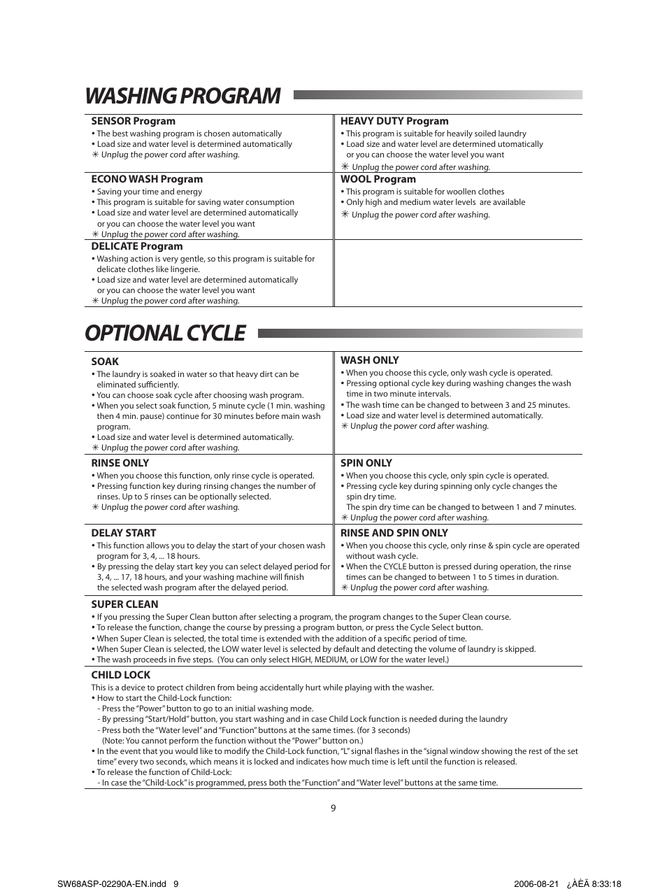Optional cycle, Troubleshooting, Washing program | Samsung SW68ASP User Manual | Page 10 / 12