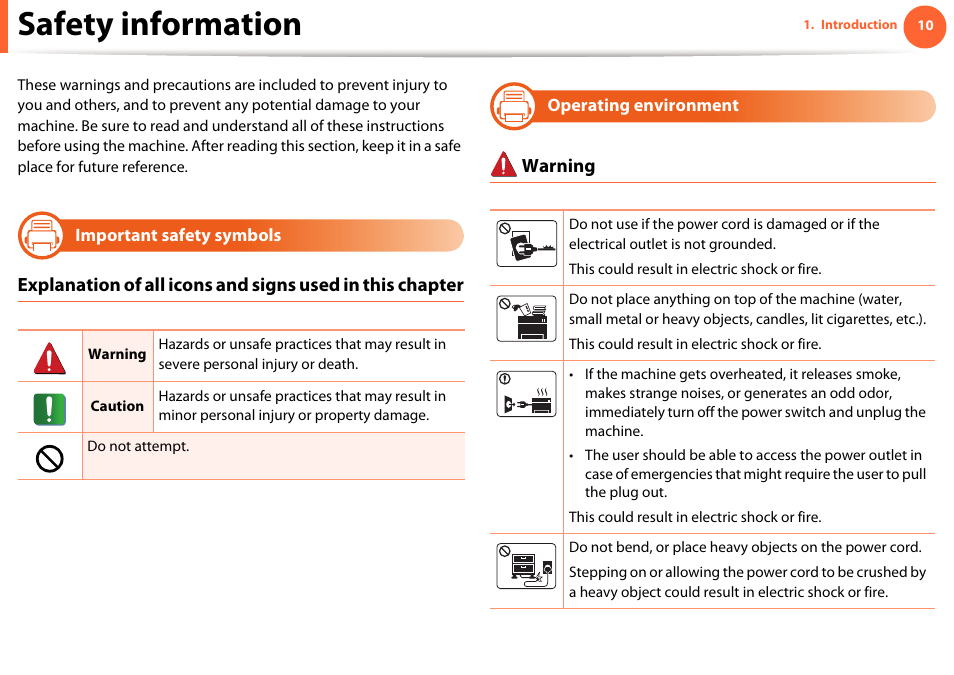 Safety information, Important safety symbols, Operating environment | Samsung ML-331X User Manual | Page 10 / 245
