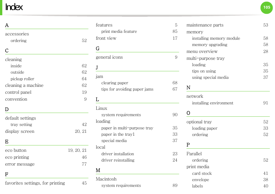 Accessories, Ordering 52, Cleaning | Inside 62, Outside 62, Pickup roller 64, Cleaning a machine 62, Control panel 19, Convention 9, Default settings | Samsung ML-331X User Manual | Page 102 / 245