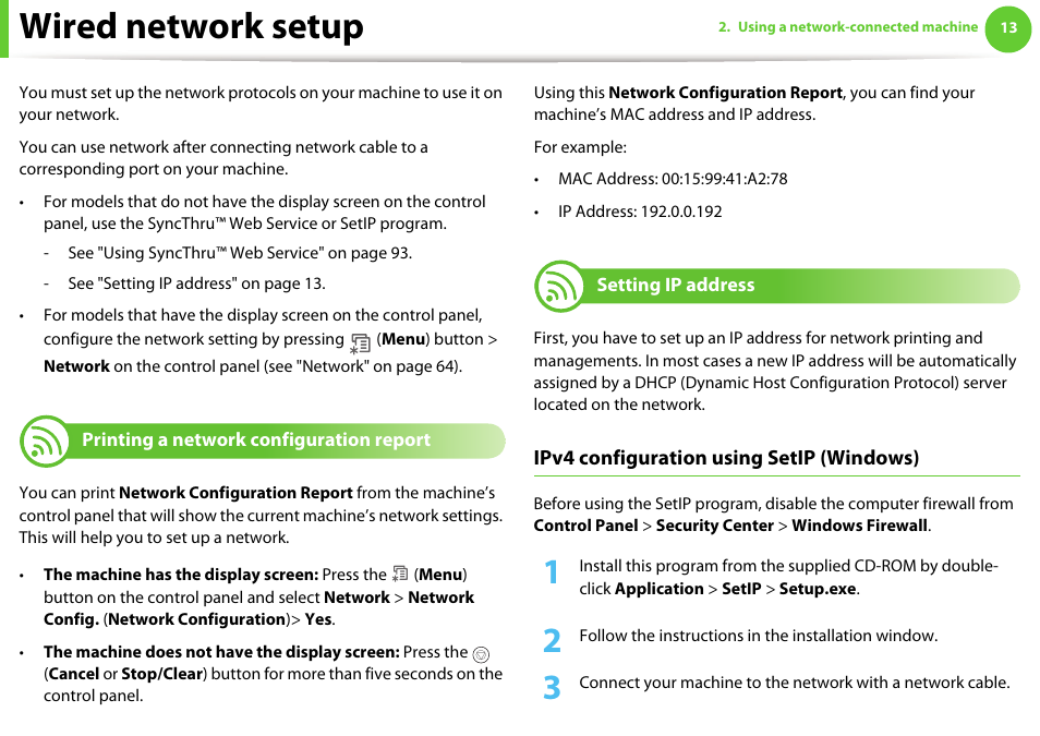 Wired network setup, Printing a network configuration report, Setting ip address | Samsung ML-331X User Manual | Page 116 / 245