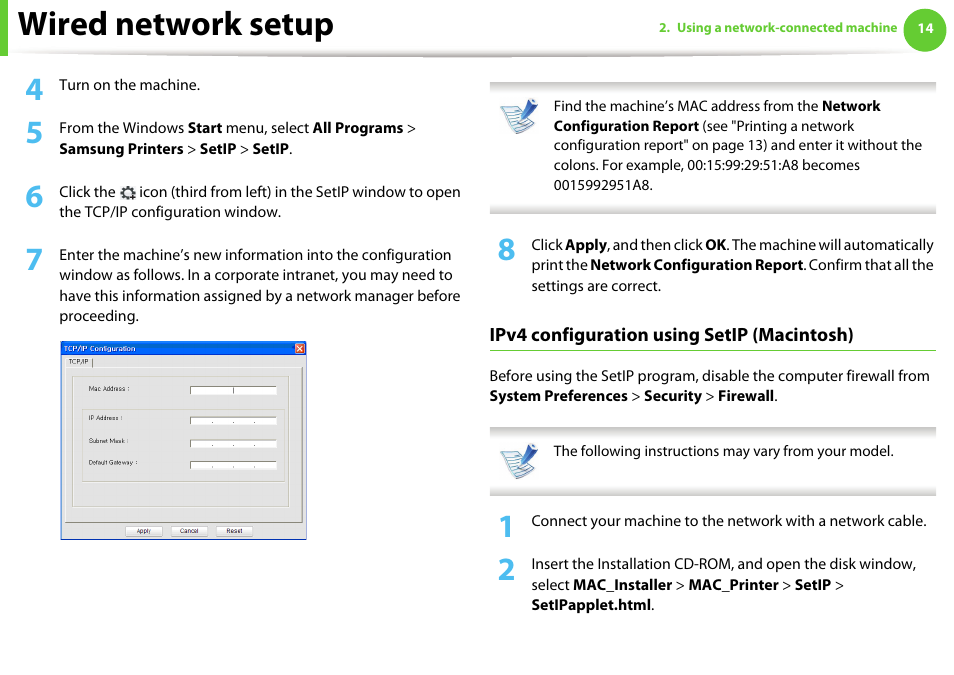 Wired network setup | Samsung ML-331X User Manual | Page 117 / 245