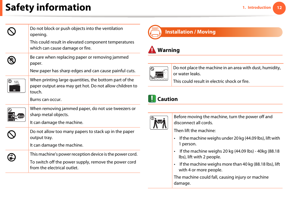 Installation / moving, Safety information | Samsung ML-331X User Manual | Page 12 / 245