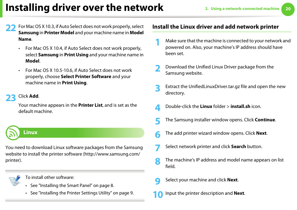 Linux, Installing driver over the network | Samsung ML-331X User Manual | Page 123 / 245