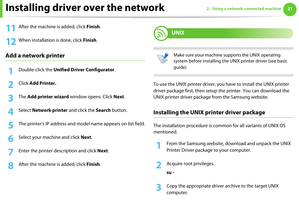 Unix, Installing driver over the network | Samsung ML-331X User Manual | Page 124 / 245