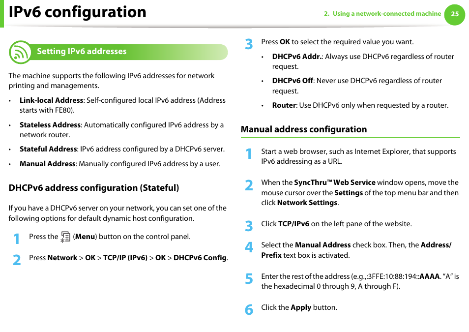 Setting ipv6 addresses, Ipv6 configuration | Samsung ML-331X User Manual | Page 128 / 245