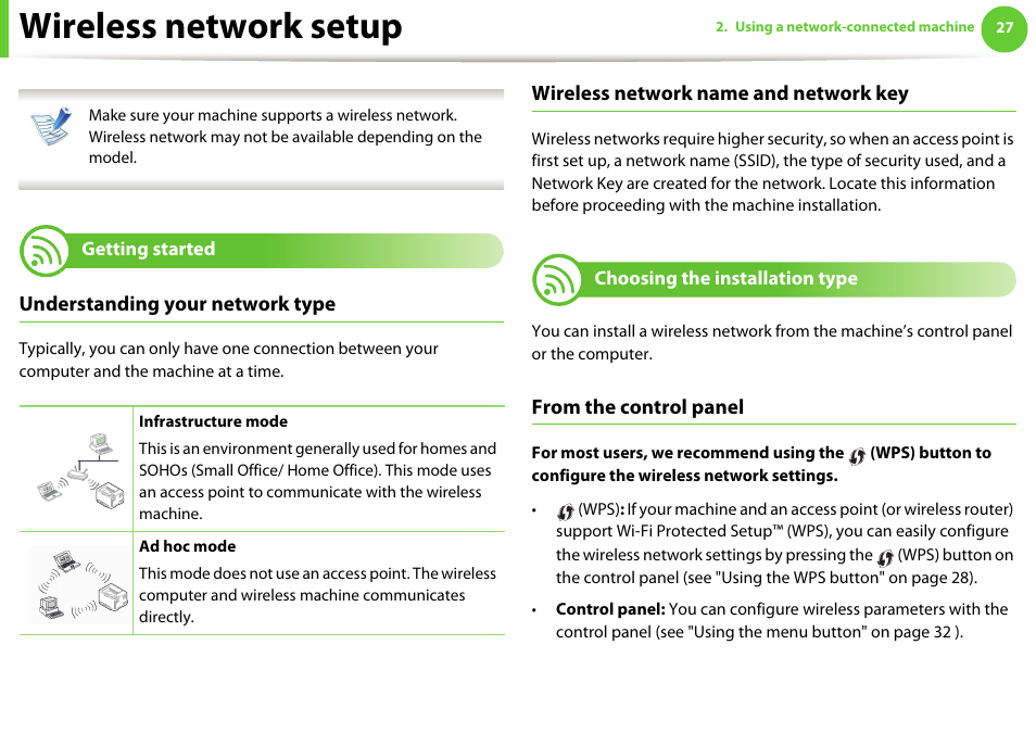 Wireless network setup, Getting started, Choosing the installation type | Understanding your network type, Wireless network name and network key | Samsung ML-331X User Manual | Page 130 / 245