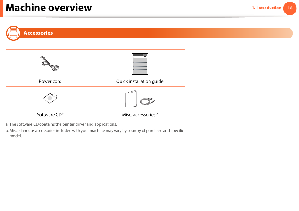 Machine overview, Accessories | Samsung ML-331X User Manual | Page 16 / 245