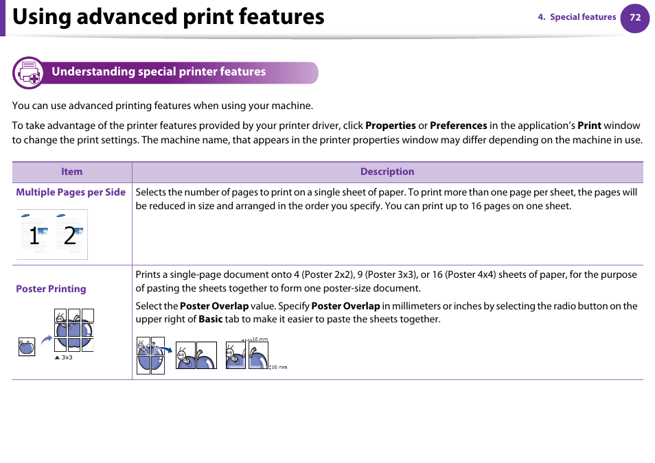 Understanding special printer features, Using advanced print features | Samsung ML-331X User Manual | Page 175 / 245
