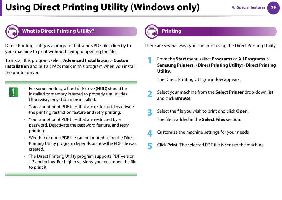 Using direct printing utility (windows only), What is direct printing utility, Printing | Samsung ML-331X User Manual | Page 182 / 245