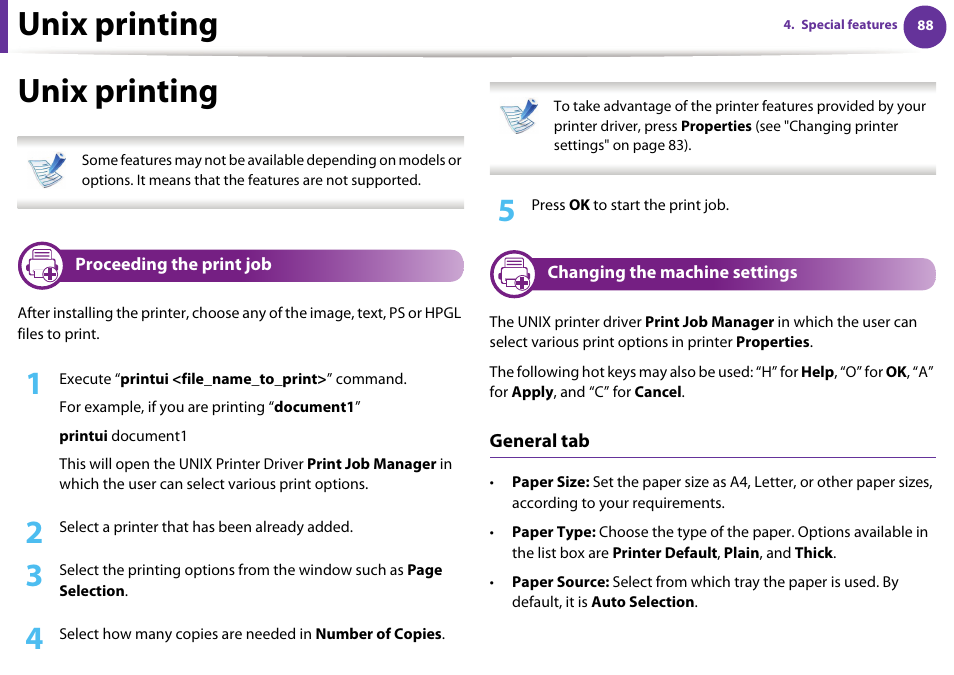 Unix printing, Proceeding the print job, Changing the machine settings | Samsung ML-331X User Manual | Page 191 / 245