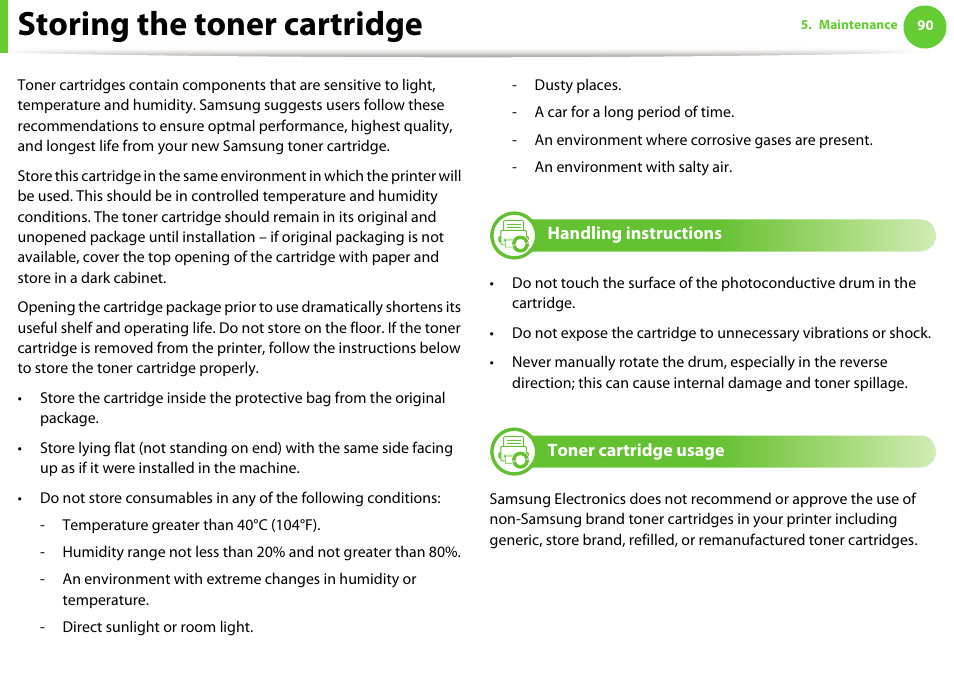 Storing the toner cartridge, Handling instructions, Toner cartridge usage | Samsung ML-331X User Manual | Page 194 / 245
