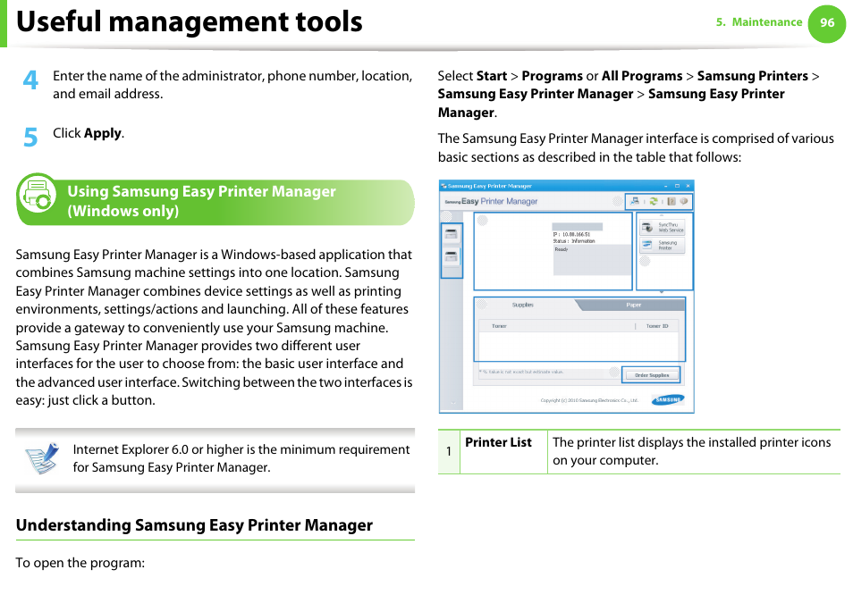 Using samsung easy printer manager (windows only), Useful management tools, Understanding samsung easy printer manager | Samsung ML-331X User Manual | Page 200 / 245