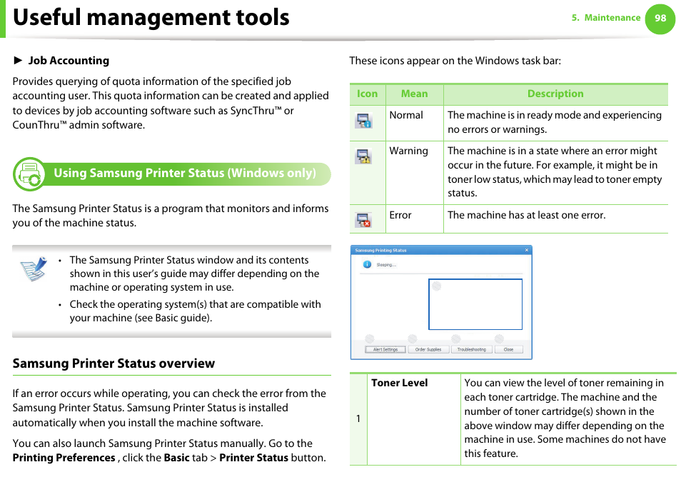 Using samsung printer status (windows only), Useful management tools, Samsung printer status overview | Samsung ML-331X User Manual | Page 202 / 245