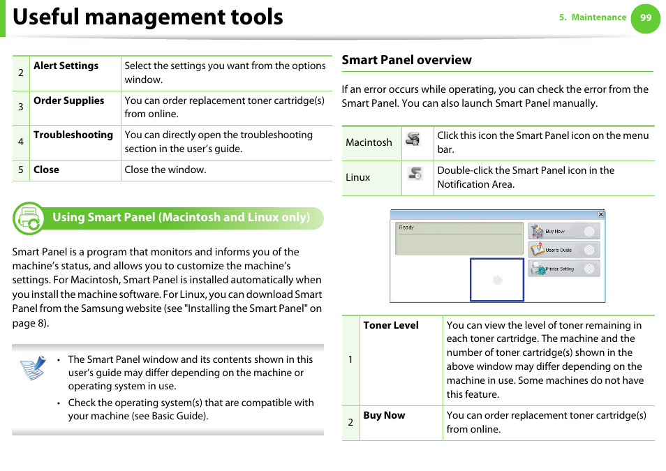 Using smart panel (macintosh and linux only), Useful management tools, Smart panel overview | Samsung ML-331X User Manual | Page 203 / 245