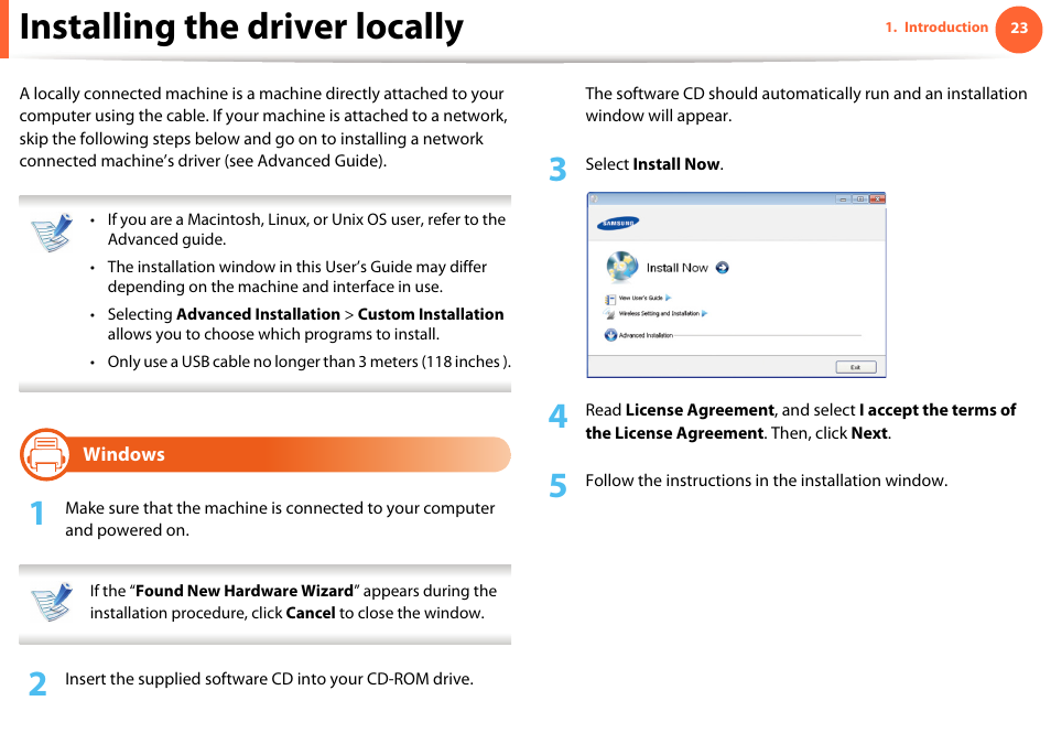 Installing the driver locally, Windows, It again (see "installing the | Samsung ML-331X User Manual | Page 23 / 245