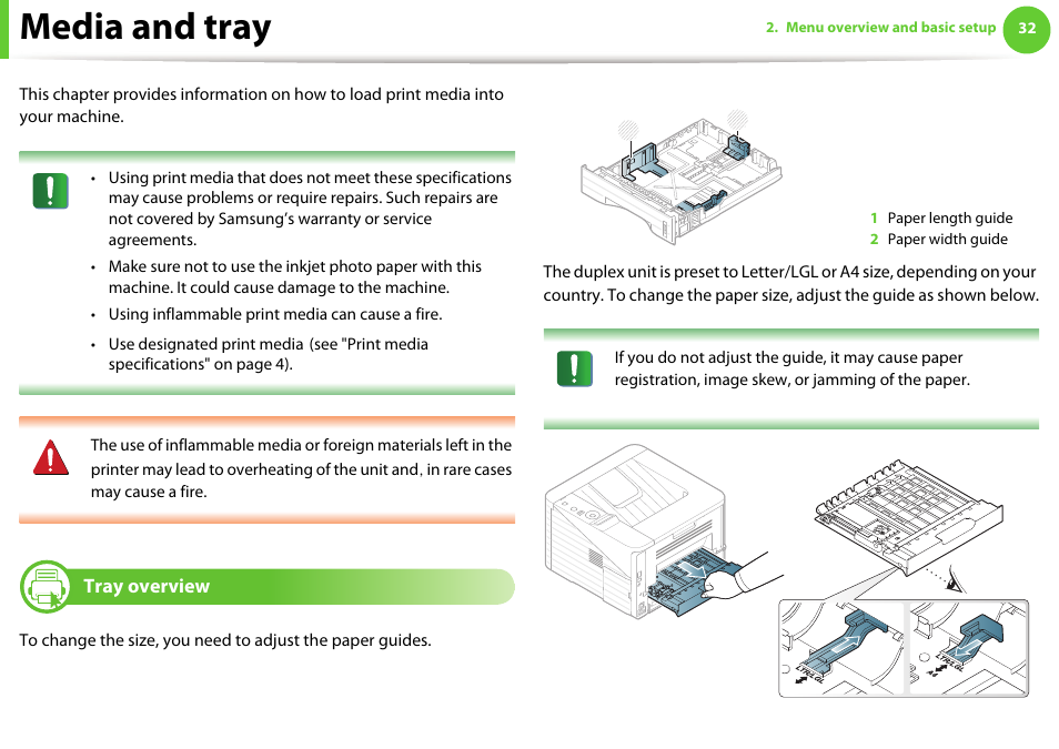 Media and tray, Tray overview | Samsung ML-331X User Manual | Page 30 / 245