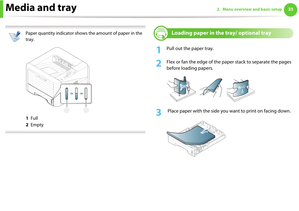 Loading paper in the tray/ optional tray, Media and tray | Samsung ML-331X User Manual | Page 31 / 245