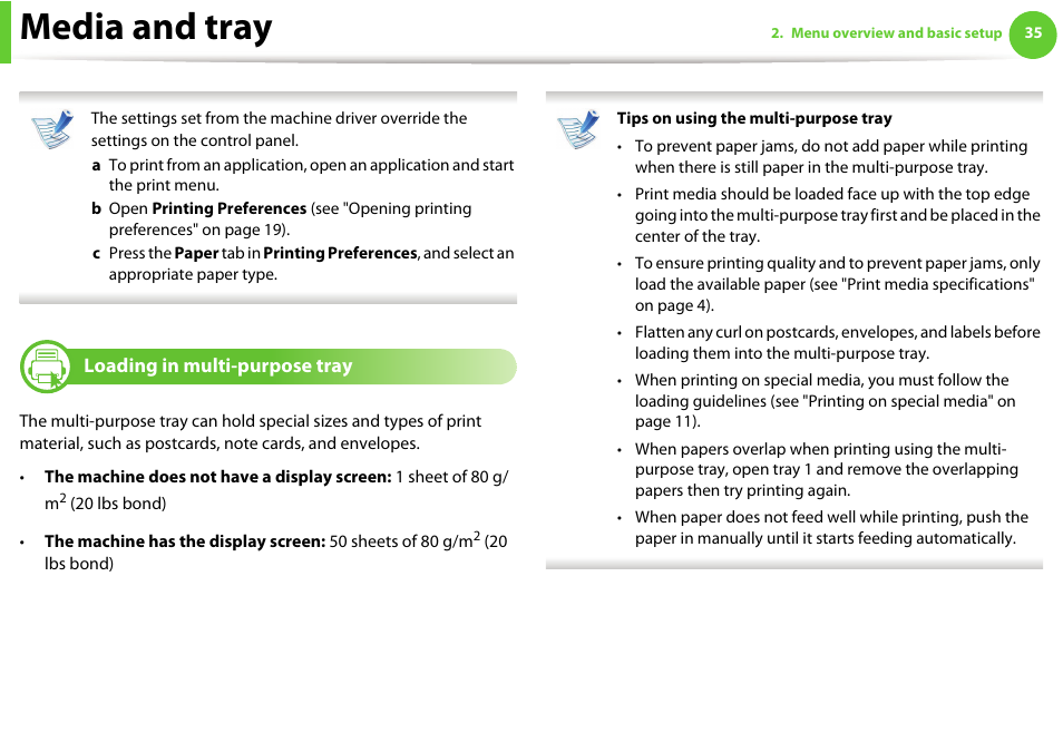 Loading in multi-purpose tray, Media and tray | Samsung ML-331X User Manual | Page 33 / 245