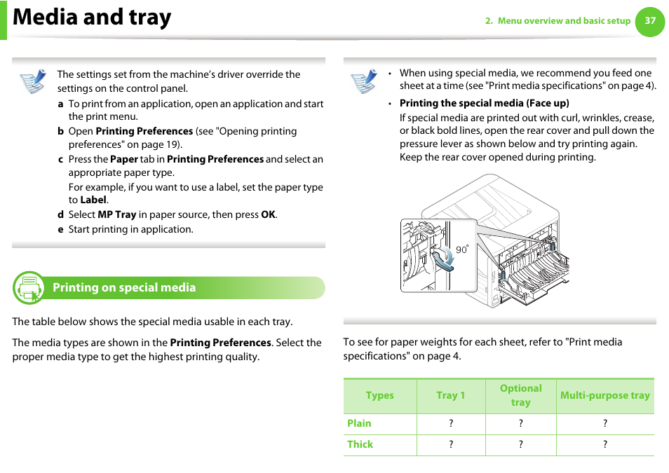 Printing on special media, Media and tray | Samsung ML-331X User Manual | Page 35 / 245