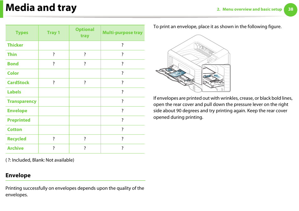 Media and tray, Envelope | Samsung ML-331X User Manual | Page 36 / 245