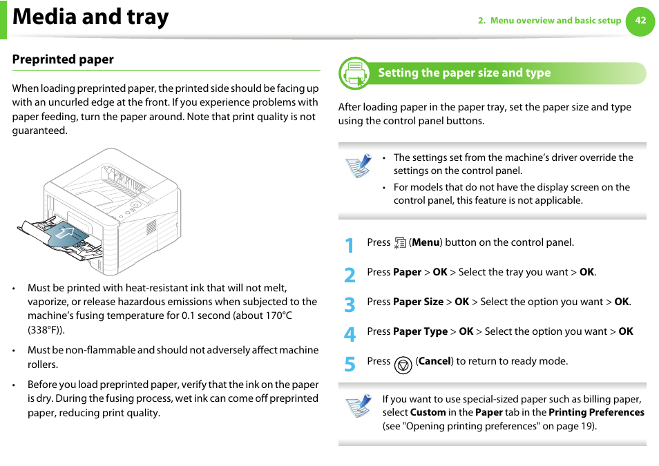 Setting the paper size and type, Media and tray | Samsung ML-331X User Manual | Page 40 / 245