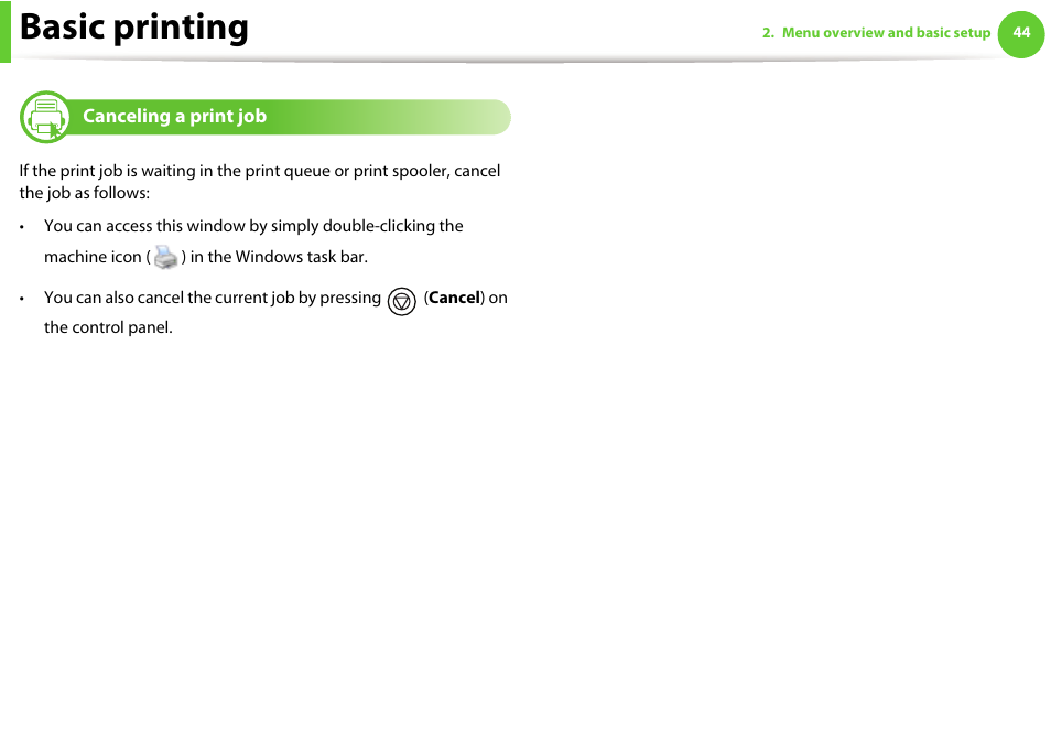 Canceling a print job, Basic printing | Samsung ML-331X User Manual | Page 42 / 245