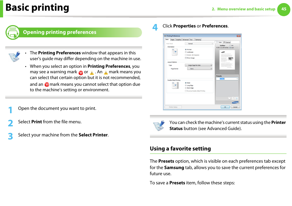 Opening printing preferences, See "opening printing, Basic printing | Samsung ML-331X User Manual | Page 43 / 245