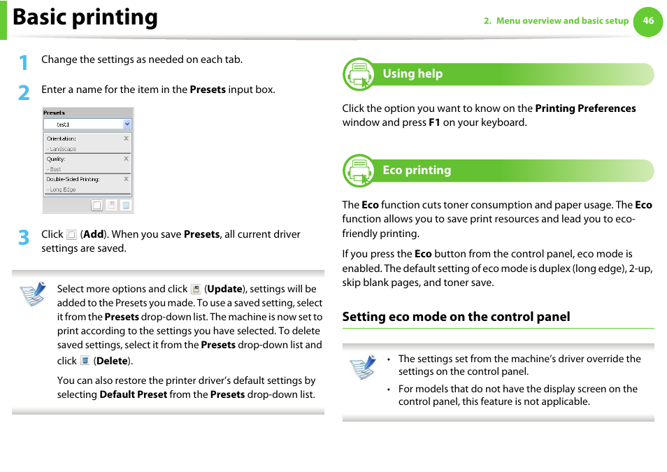 Using help, Eco printing, Basic printing | Setting eco mode on the control panel | Samsung ML-331X User Manual | Page 44 / 245