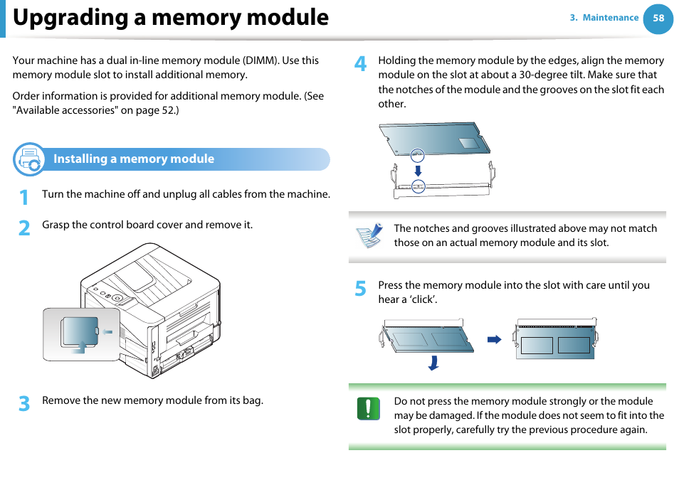 Upgrading a memory module, Installing a memory module | Samsung ML-331X User Manual | Page 56 / 245