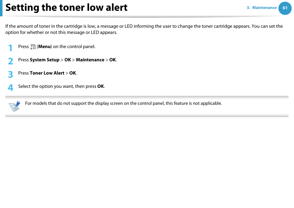 Setting the toner low alert | Samsung ML-331X User Manual | Page 59 / 245
