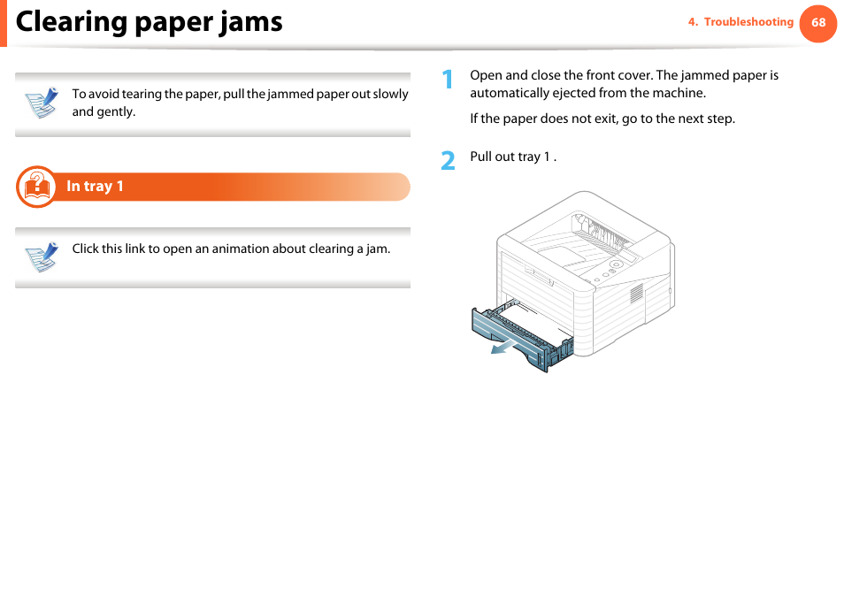 Clearing paper jams, In tray 1 | Samsung ML-331X User Manual | Page 65 / 245