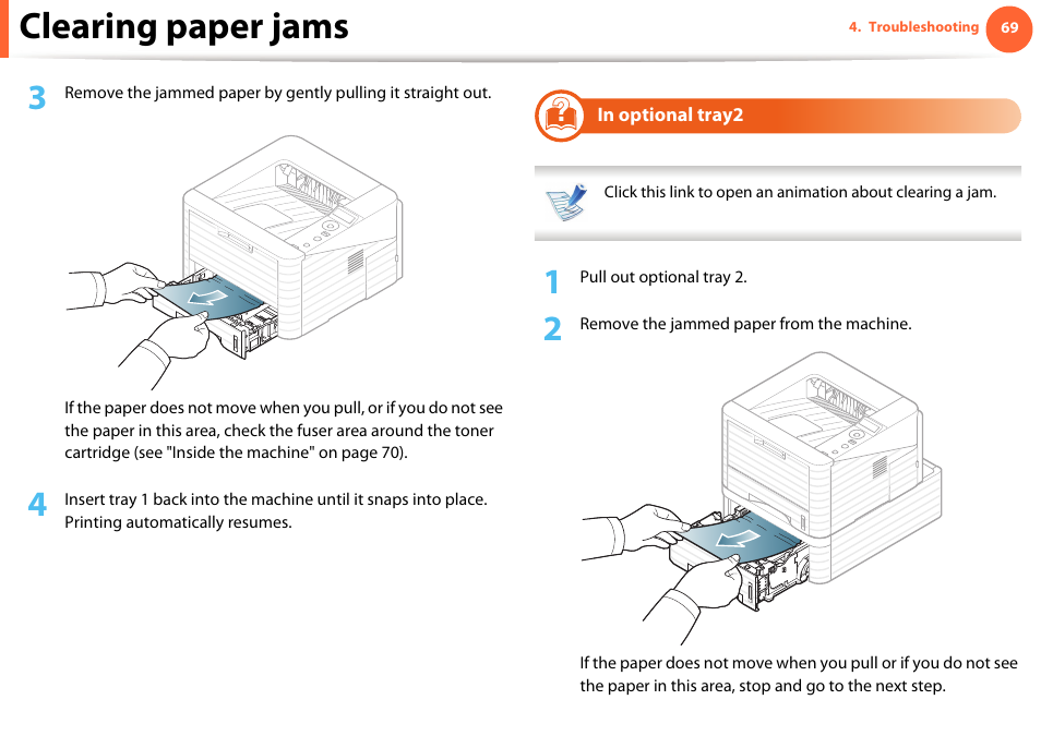 In optional tray2, Clearing paper jams | Samsung ML-331X User Manual | Page 66 / 245