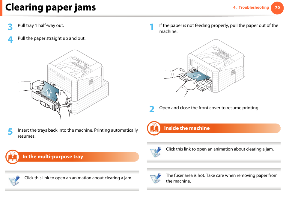 In the multi-purpose tray, Inside the machine, Clearing paper jams | Samsung ML-331X User Manual | Page 67 / 245