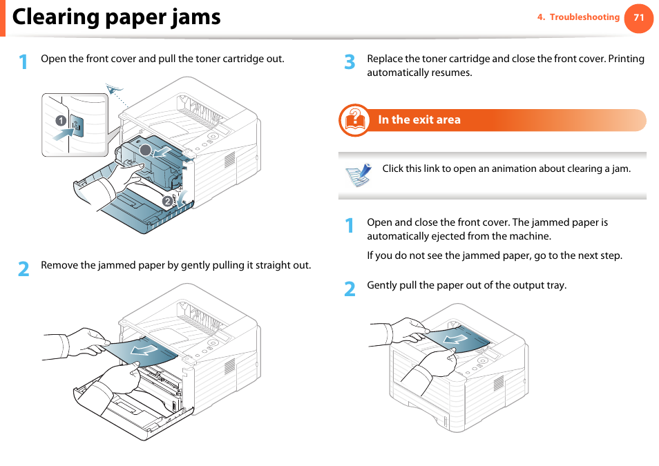 In the exit area, Clearing paper jams | Samsung ML-331X User Manual | Page 68 / 245