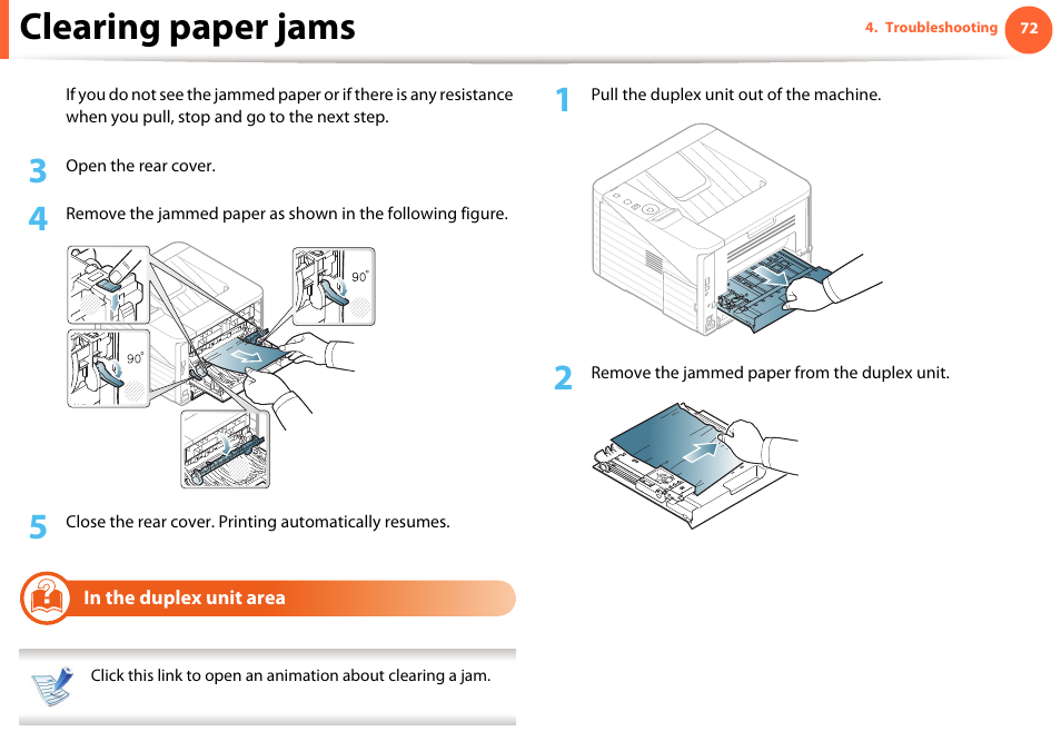 In the duplex unit area, Clearing paper jams | Samsung ML-331X User Manual | Page 69 / 245