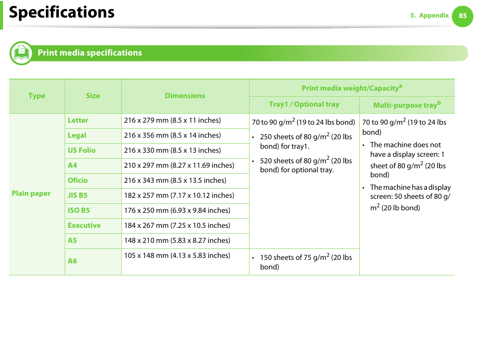 Print media specifications, Specifications | Samsung ML-331X User Manual | Page 82 / 245