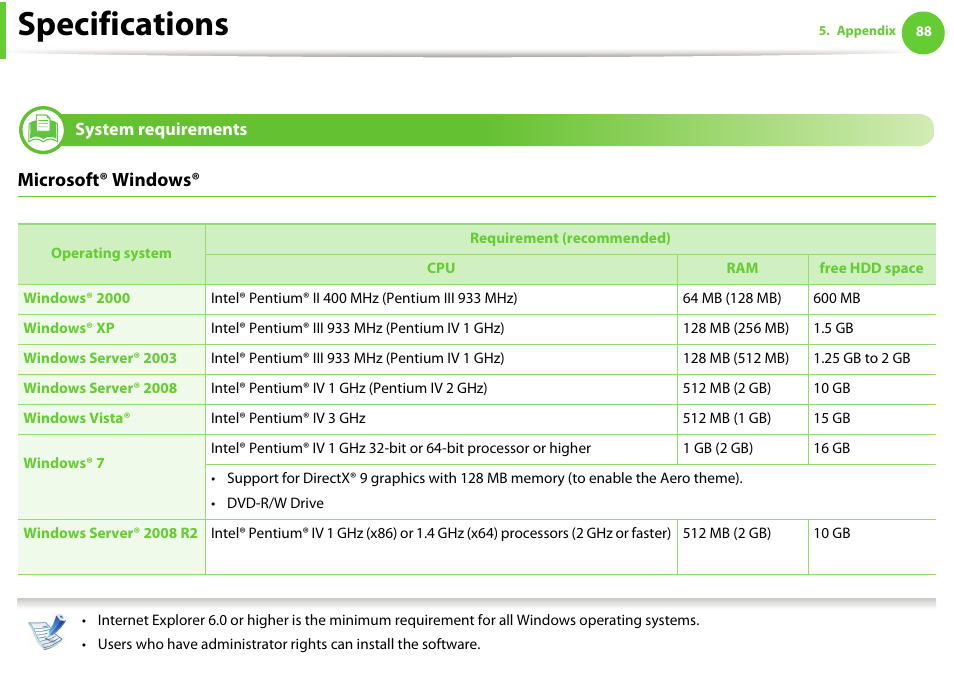 System requirements, Specifications, Microsoft® windows | Samsung ML-331X User Manual | Page 85 / 245