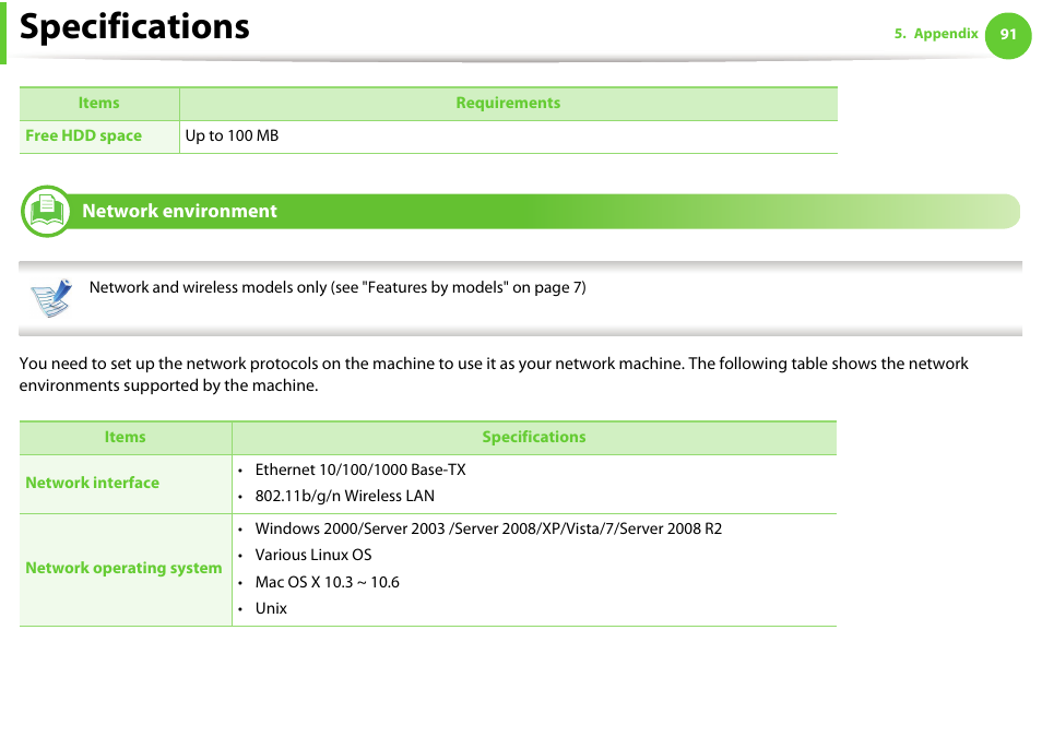 Network environment, Specifications | Samsung ML-331X User Manual | Page 88 / 245
