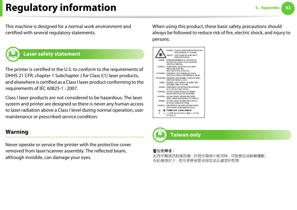 Regulatory information, Laser safety statement, Taiwan only | Warning | Samsung ML-331X User Manual | Page 90 / 245