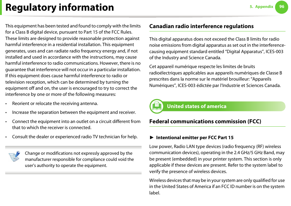 United states of america, Regulatory information, Canadian radio interference regulations | Federal communications commission (fcc) | Samsung ML-331X User Manual | Page 93 / 245