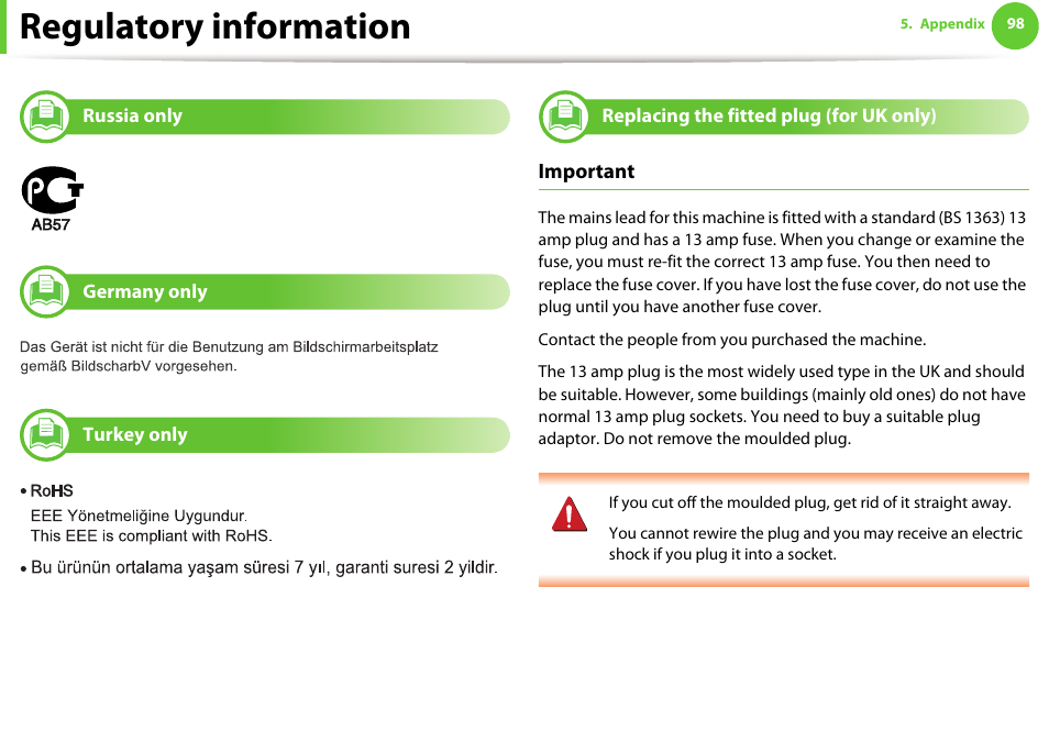 Russia only, Germany only, Turkey only | Replacing the fitted plug (for uk only), Regulatory information, Important | Samsung ML-331X User Manual | Page 95 / 245