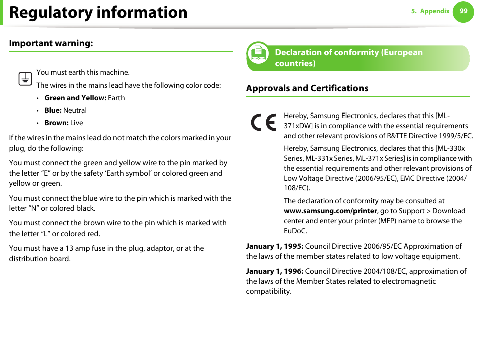 Declaration of conformity (european countries), Regulatory information | Samsung ML-331X User Manual | Page 96 / 245
