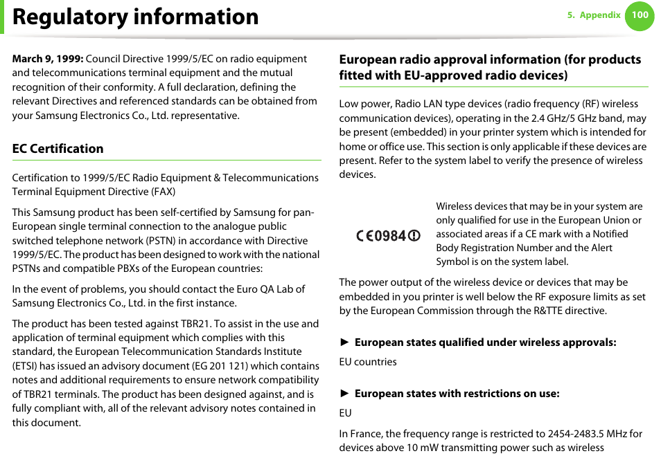 Regulatory information | Samsung ML-331X User Manual | Page 97 / 245